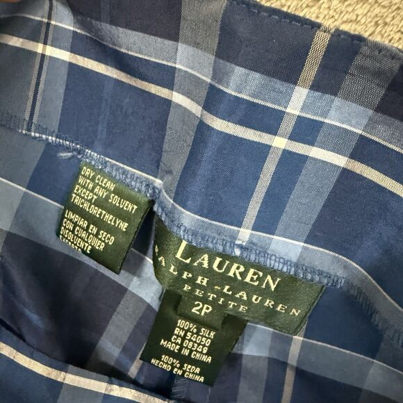 NWT Ralph Lauren Women's 2P Petite Plaid Blue 100% Silk Pants - Picture 4 of 11